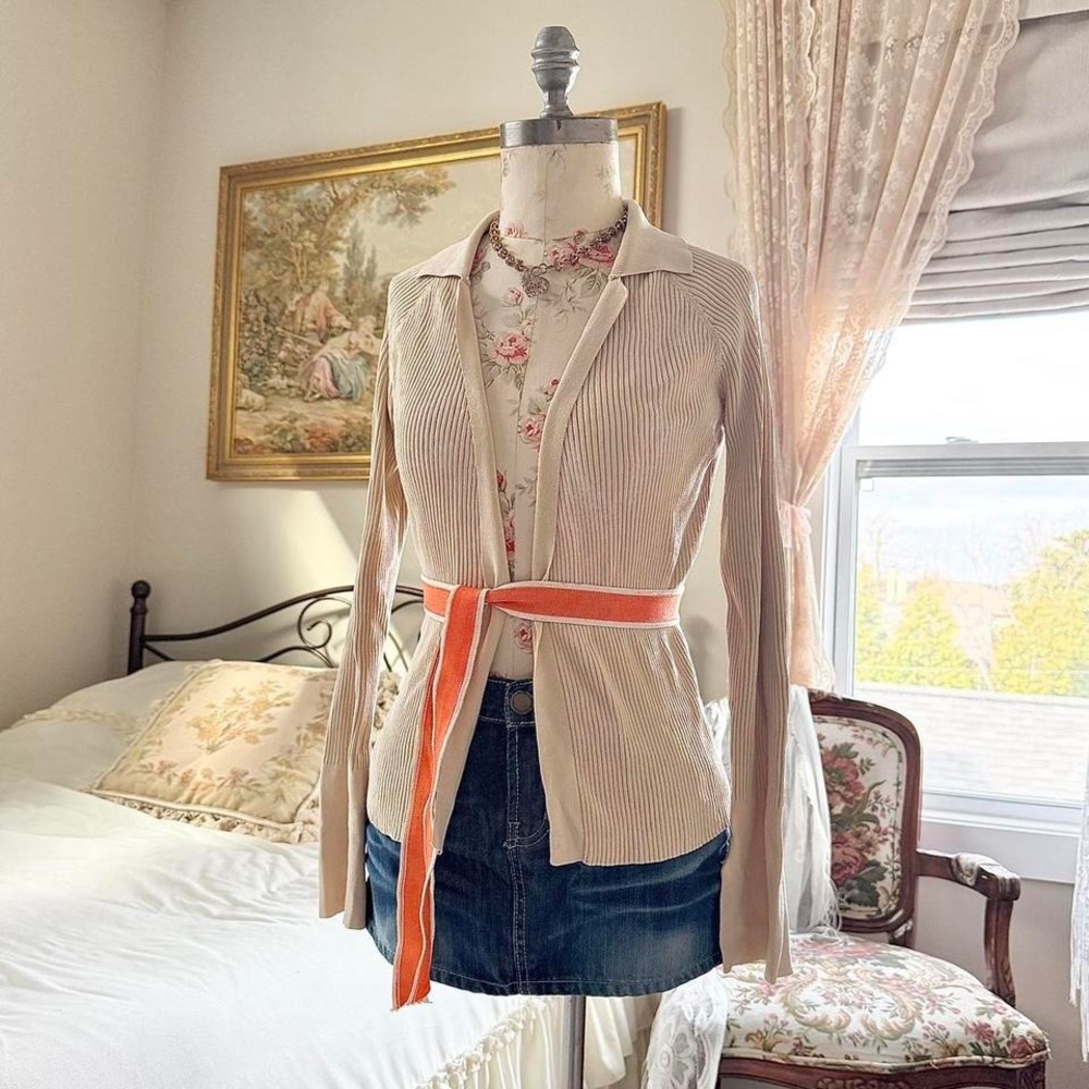 Y2K beige ribbed belted cardigan no tags size small
